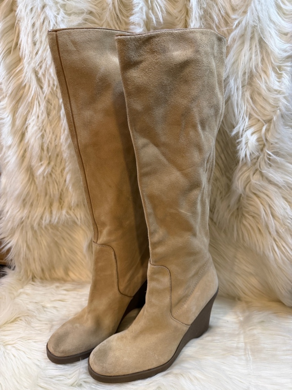New Calvin Klein Tall Suede Wedge Boots in Beige - Women Size 6.5